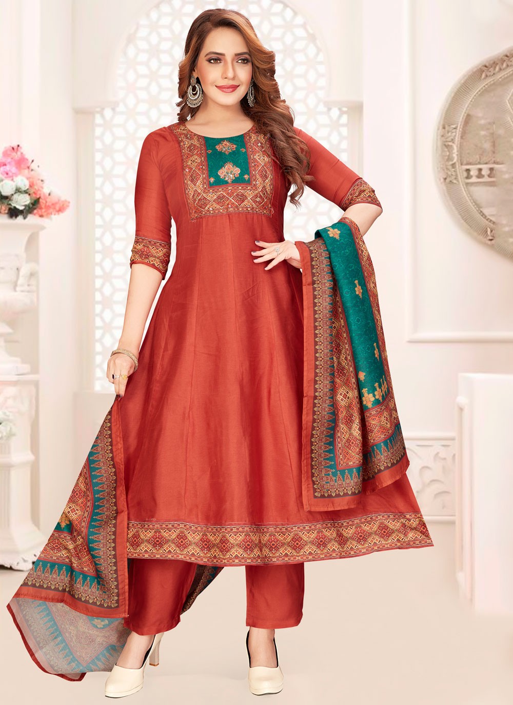 Pant Style Suit Printed Rust Silk T5722