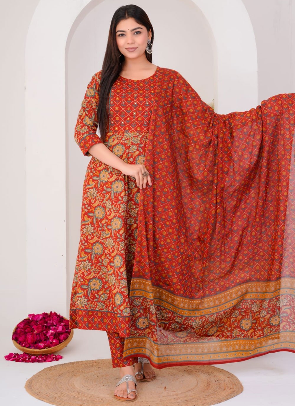 Salwar Suit Floral Printed Rust Cotton T5707