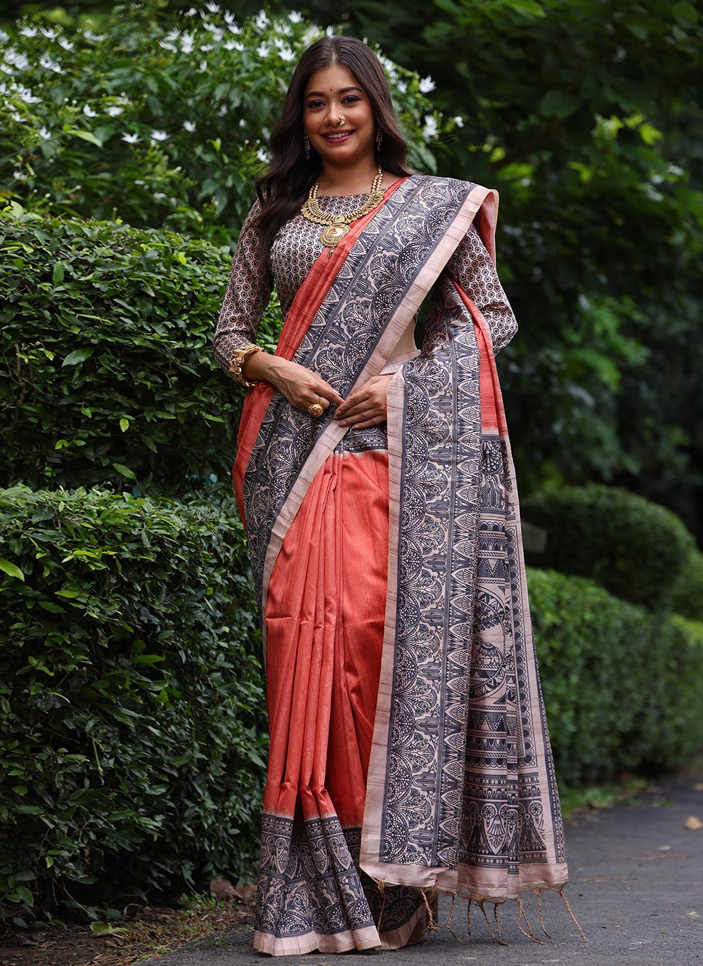 Trendy Saree Printed Rust Tussar Silk Saree S12537
