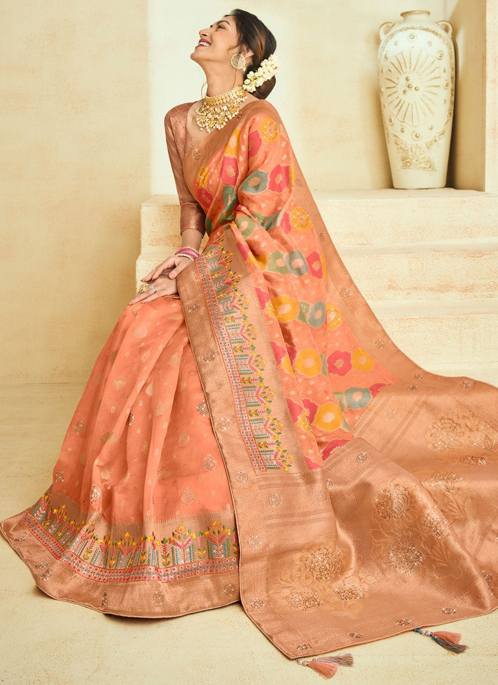 Designer Embroidered Pink Silk Saree S12491