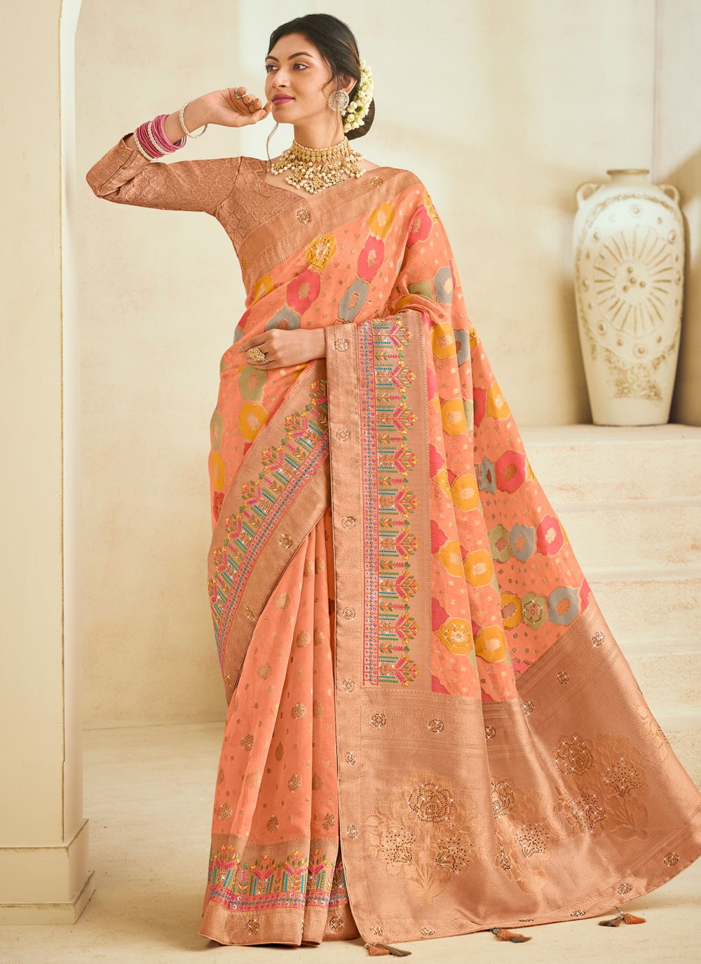 Designer Embroidered Pink Silk Saree S12491