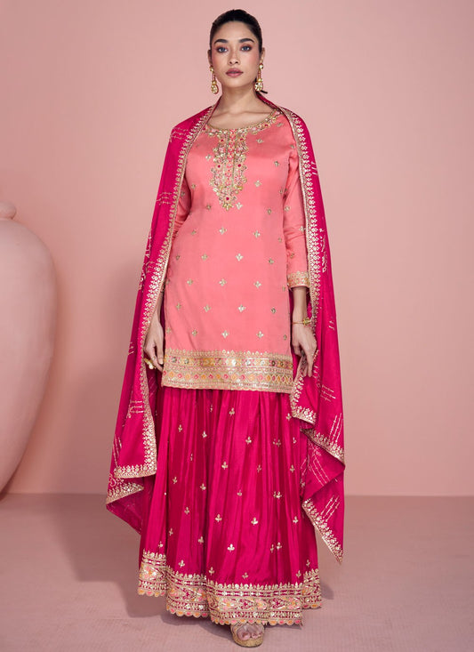 Sharara Suit Embroidered, Sequins, Zari Pink T7458