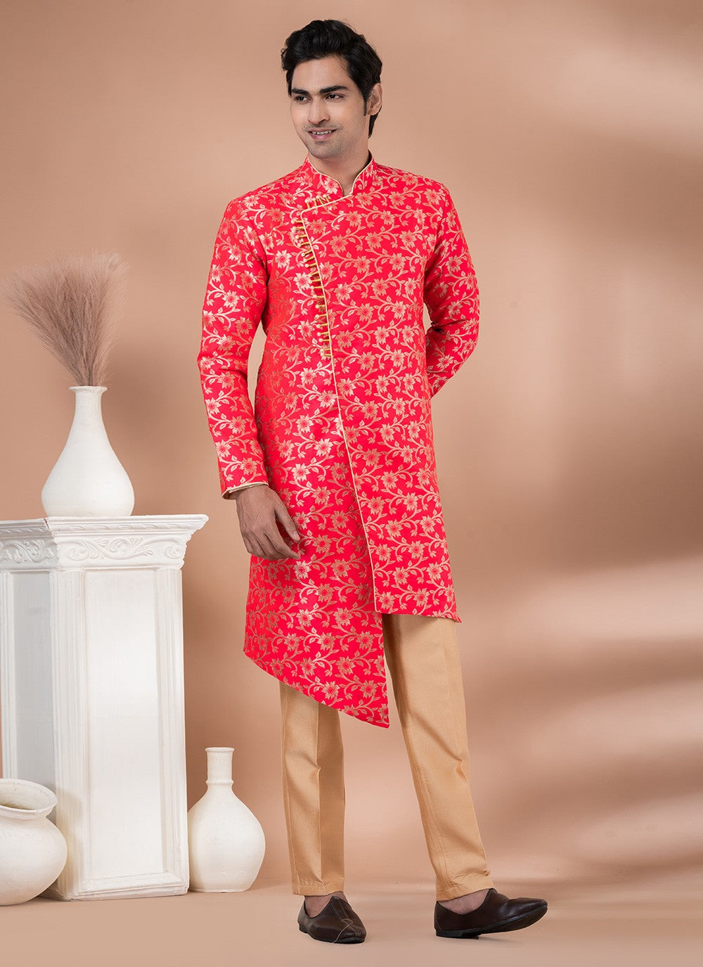 Embroidered Jacquard Silk Pink Indo Western - M7050