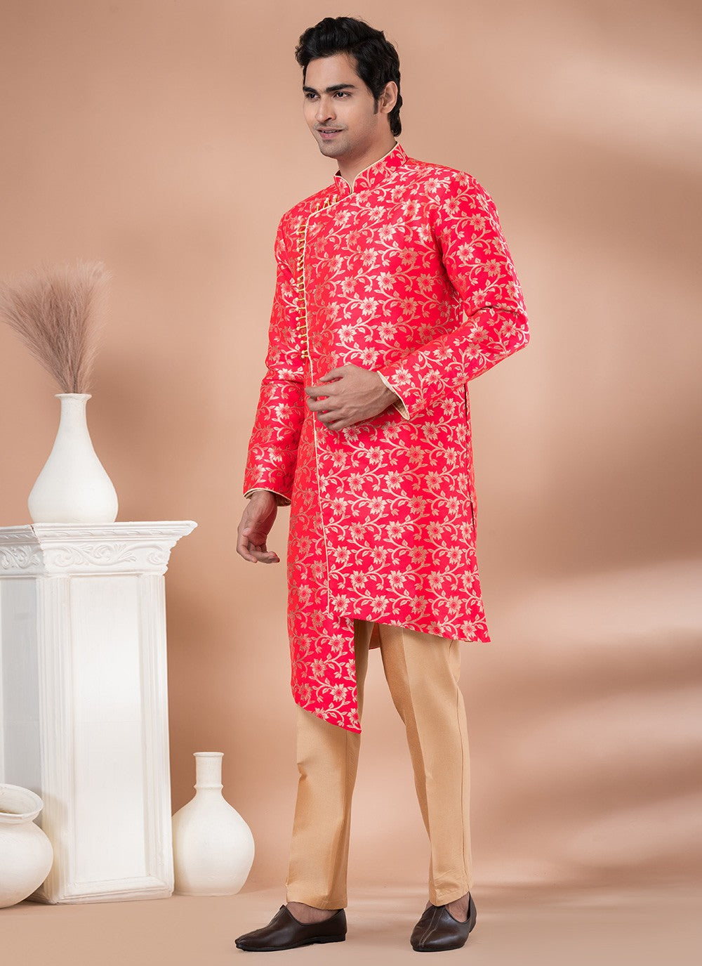 Embroidered Jacquard Silk Pink Indo Western - M7050