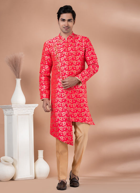 Embroidered Jacquard Silk Pink Indo Western - M7050