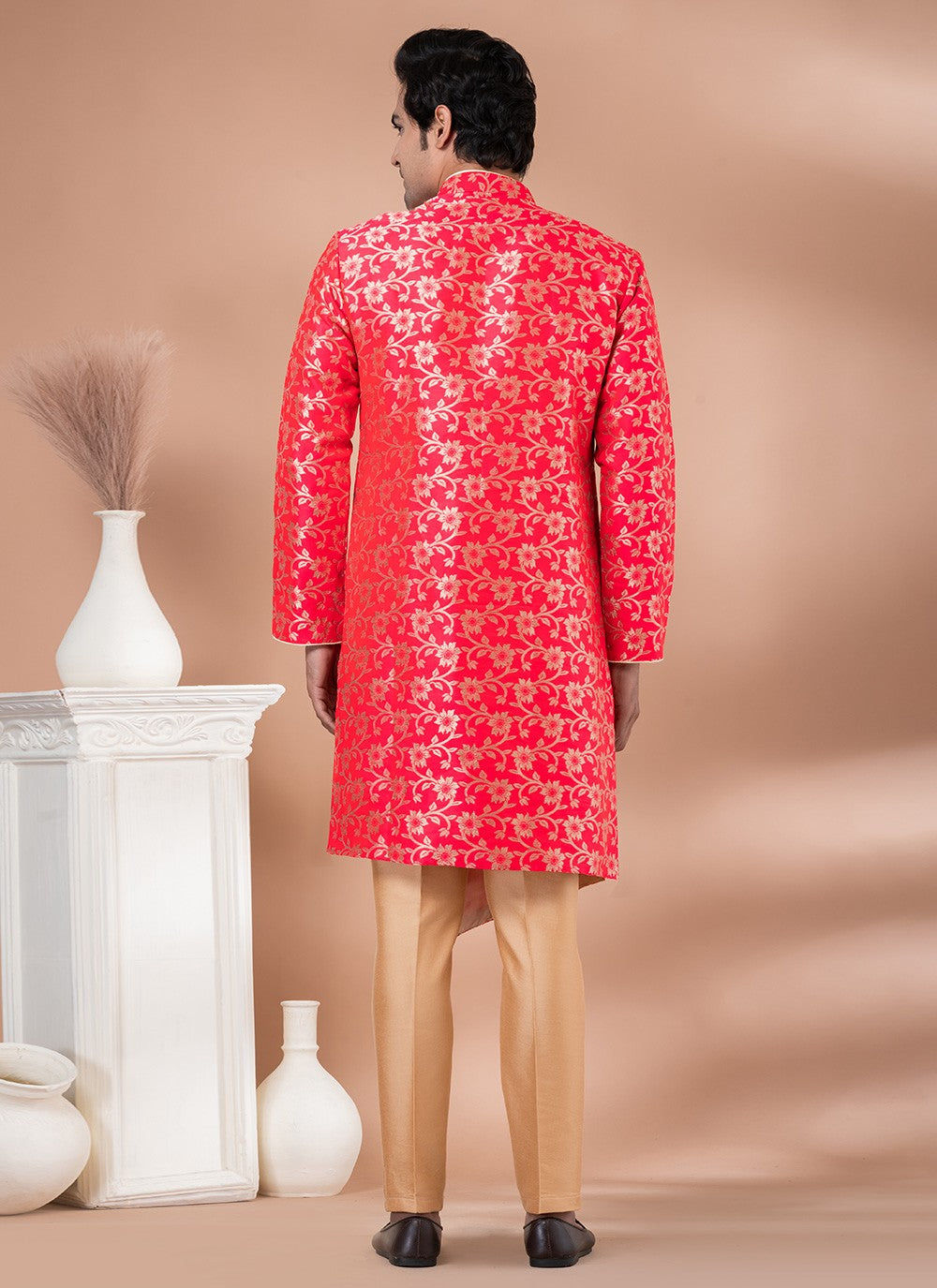 Embroidered Jacquard Silk Pink Indo Western - M7050