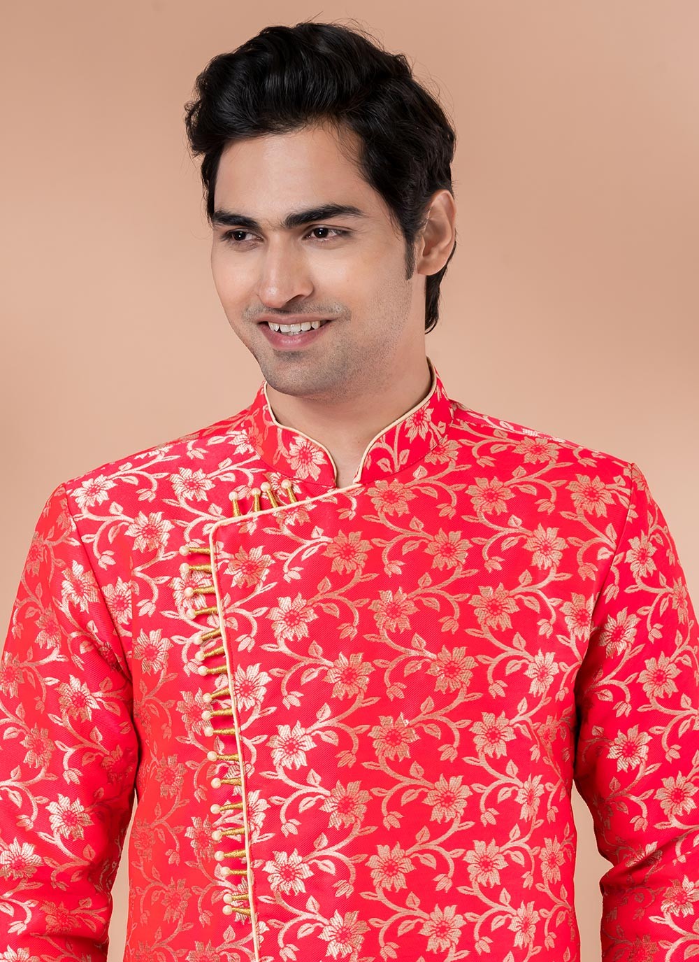 Embroidered Jacquard Silk Pink Indo Western - M7050