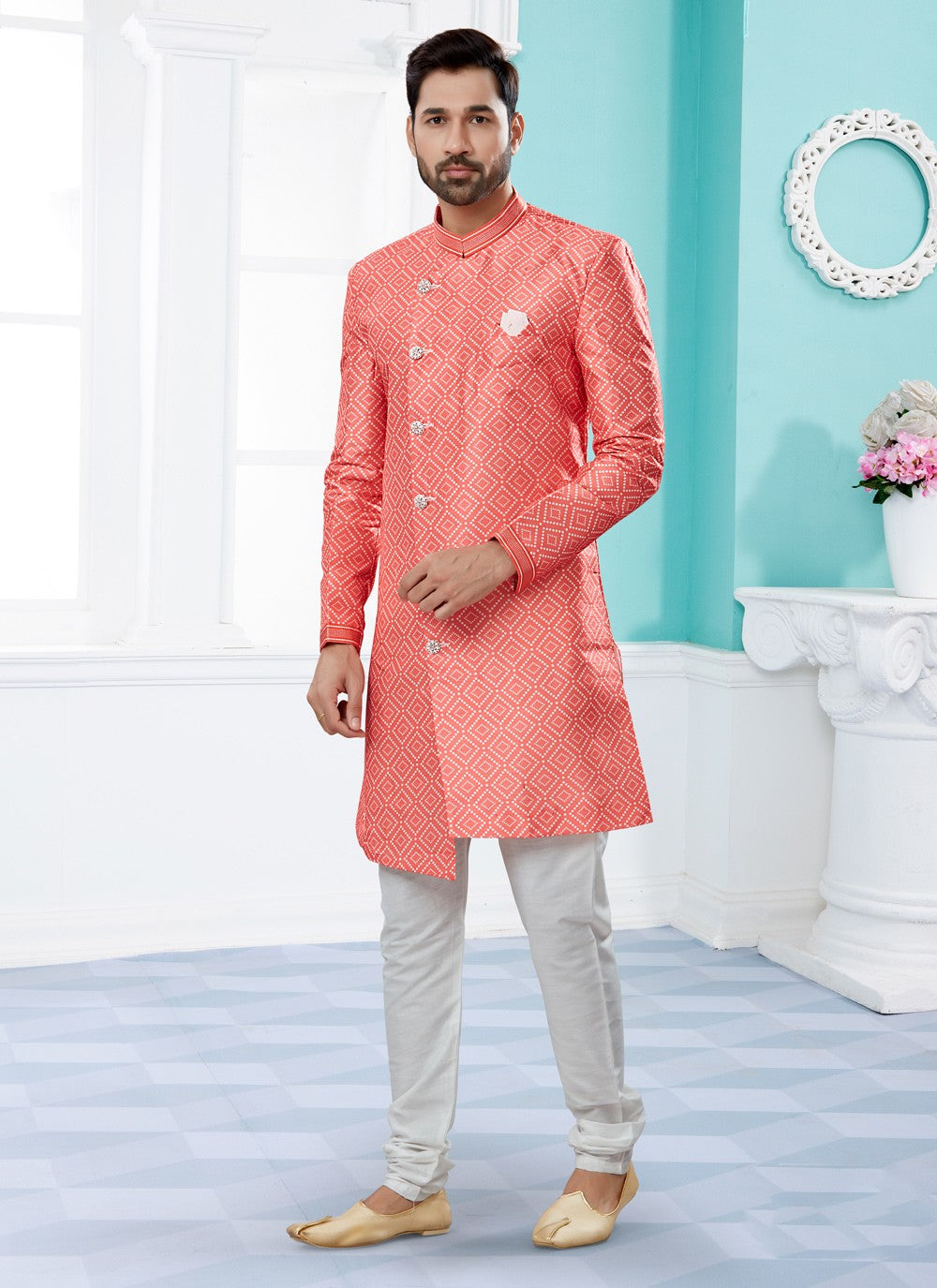 Digital Print Jacquard Pink Indo Western Sherwani - M3913