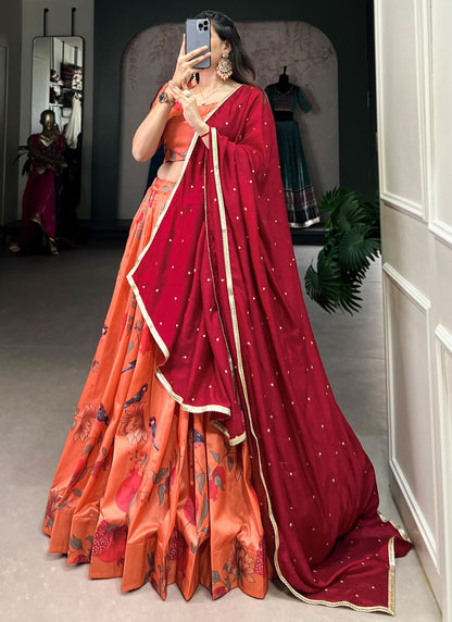 Paisley Printed Tussar Silk Pink Lehenga - L3241
