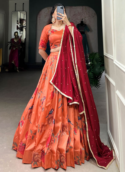 Paisley Printed Tussar Silk Pink Lehenga - L3241