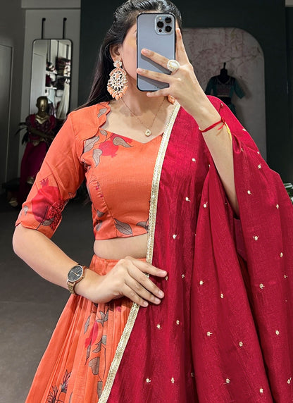 Paisley Printed Tussar Silk Pink Lehenga - L3241