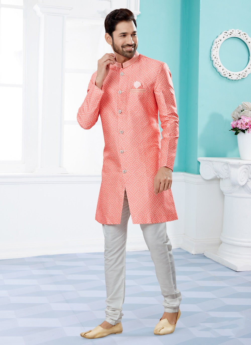 Digital Print Jacquard Pink Indo Western Sherwani - M3919