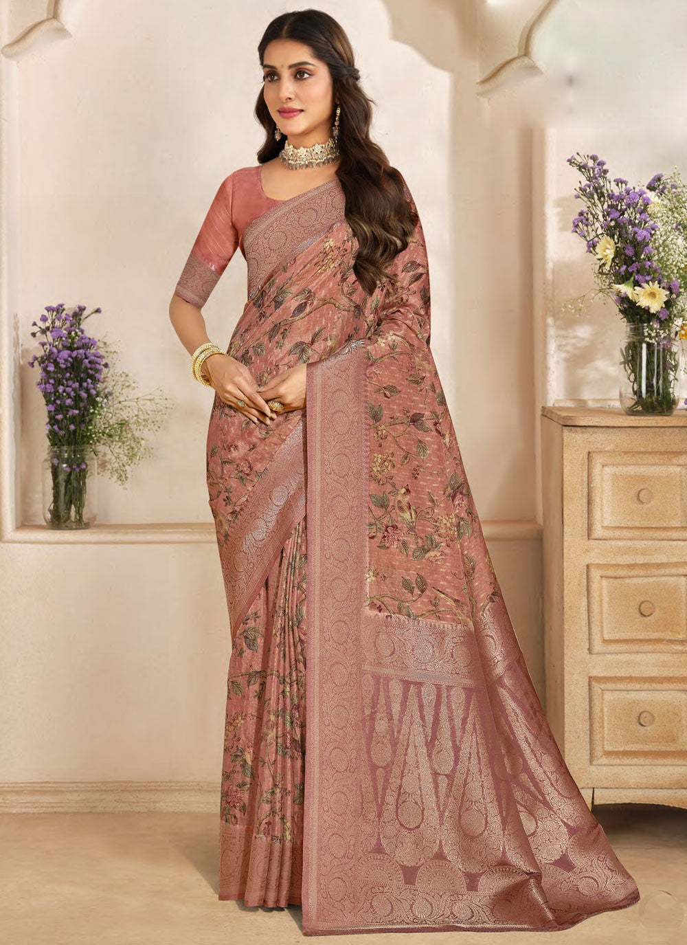 Contemporary Weaving Zari Pink Silk Saree S13324