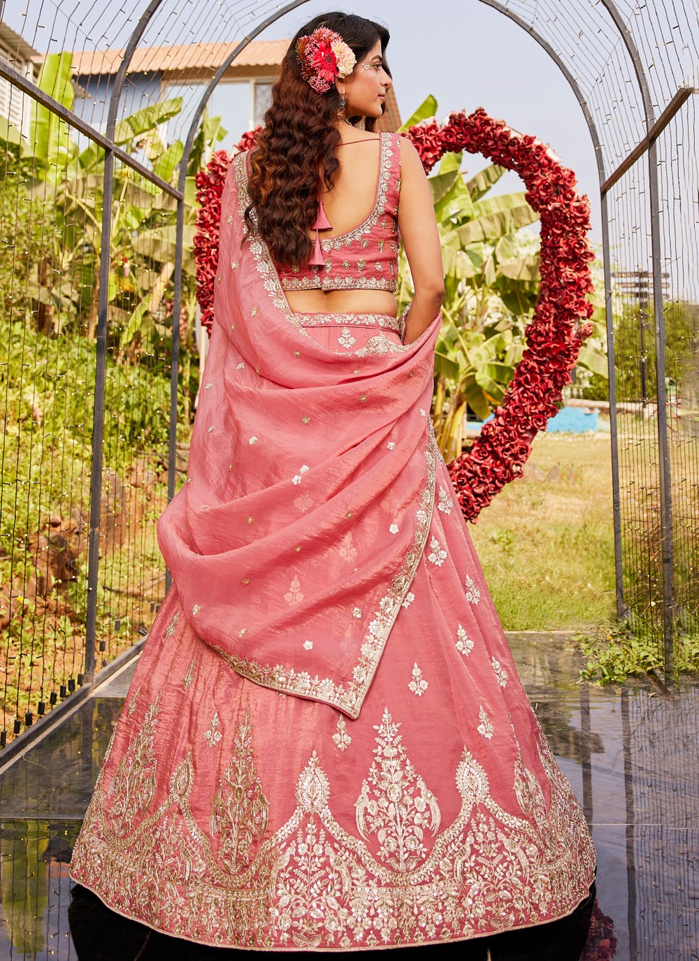 Embroidered Organza Pink Lehenga - L3355