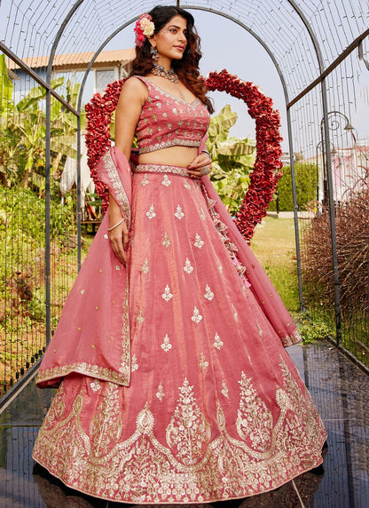 Embroidered Organza Pink Lehenga - L3355