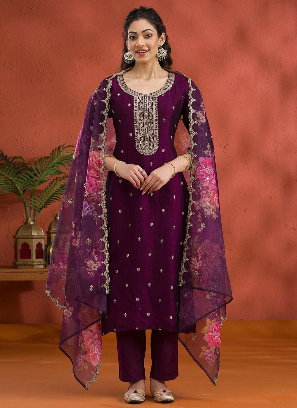 Pant Style Suit Embroidered, Zari Purple T7727