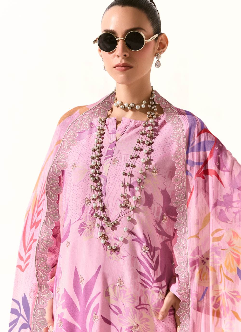Pant Style Suit Digital Print, Embroidered, Patch, Resham Pink T7908