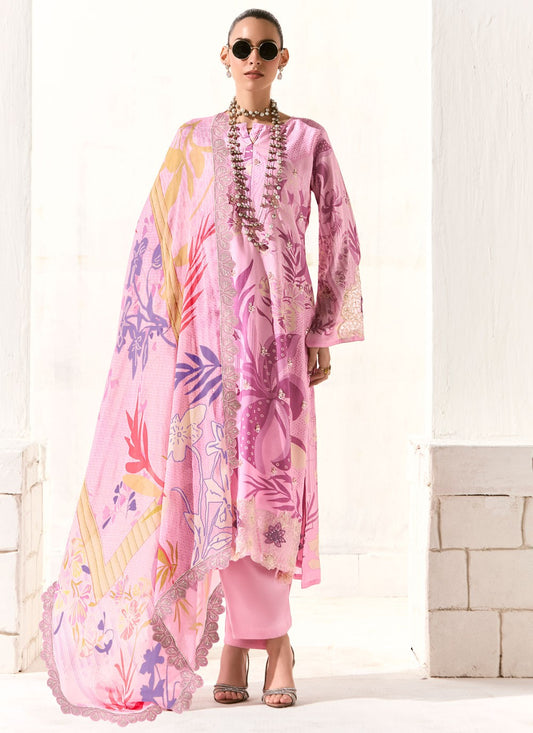 Pant Style Suit Digital Print, Embroidered, Patch, Resham Pink T7908