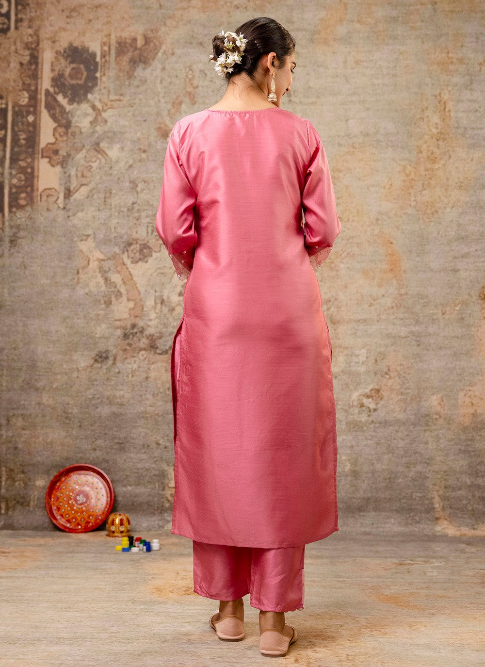 Pant Style Suit Embroidered, Thread Pink T7309