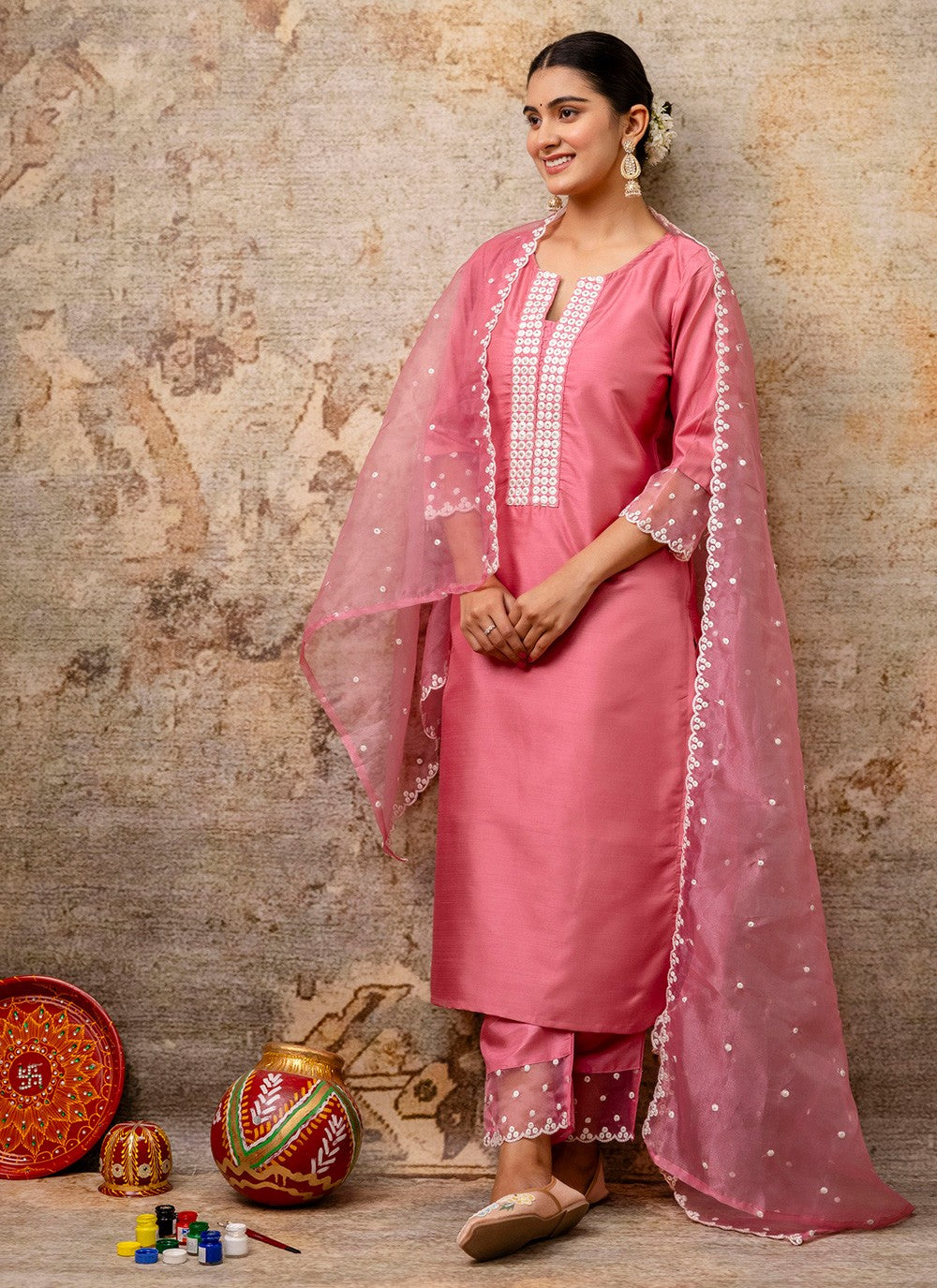 Pant Style Suit Embroidered, Thread Pink T7309