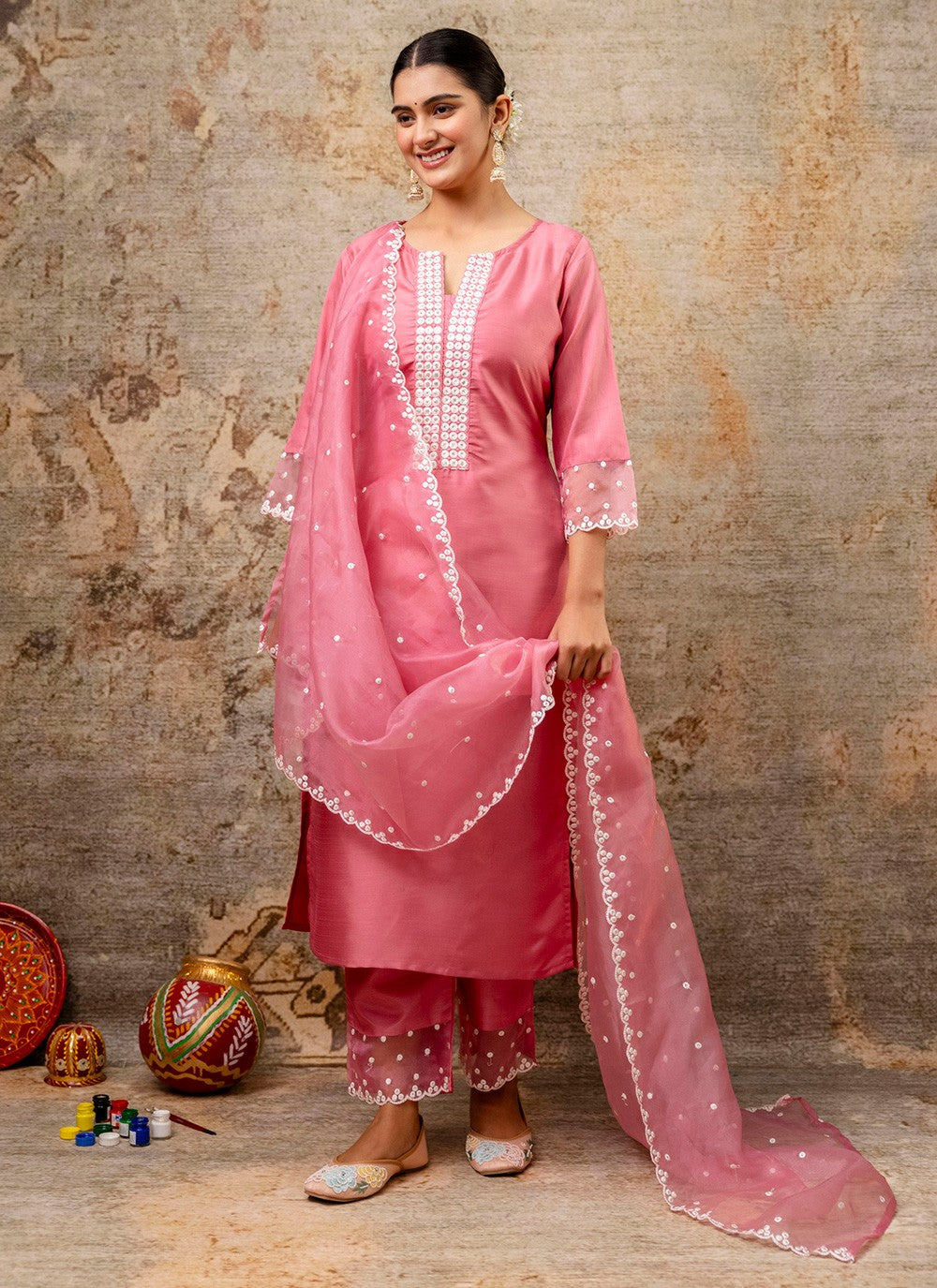 Pant Style Suit Embroidered, Thread Pink T7309