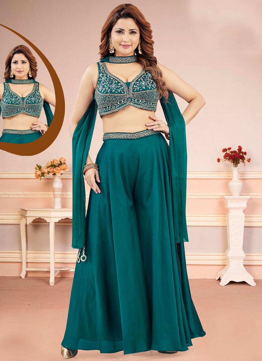 Salwar Suit Embroidered Morpeach, Teal Silk T5803