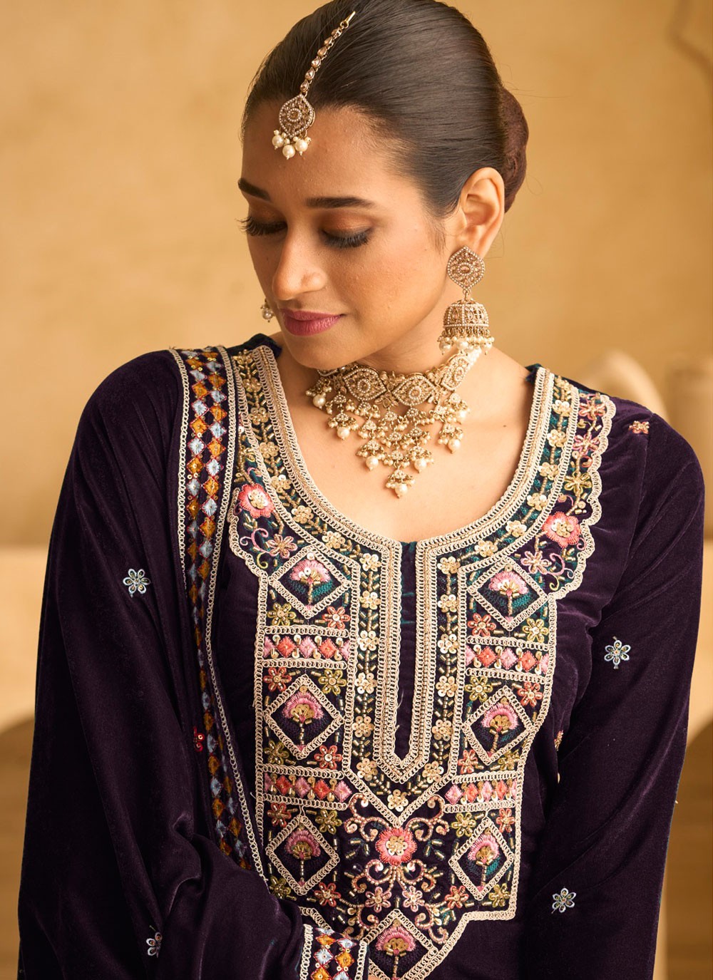 Palazzo Suit Beads, Embroidered, Sequins, Zari Purple T7028