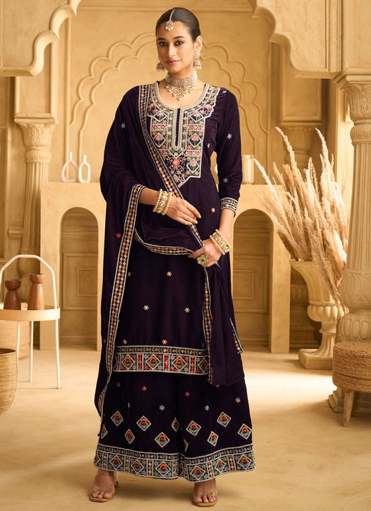 Palazzo Suit Beads, Embroidered, Sequins, Zari Purple T7028