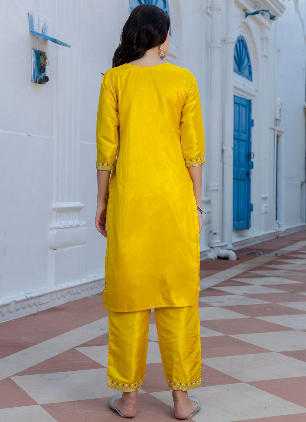 Pant Style Suit Embroidered Yellow T7129