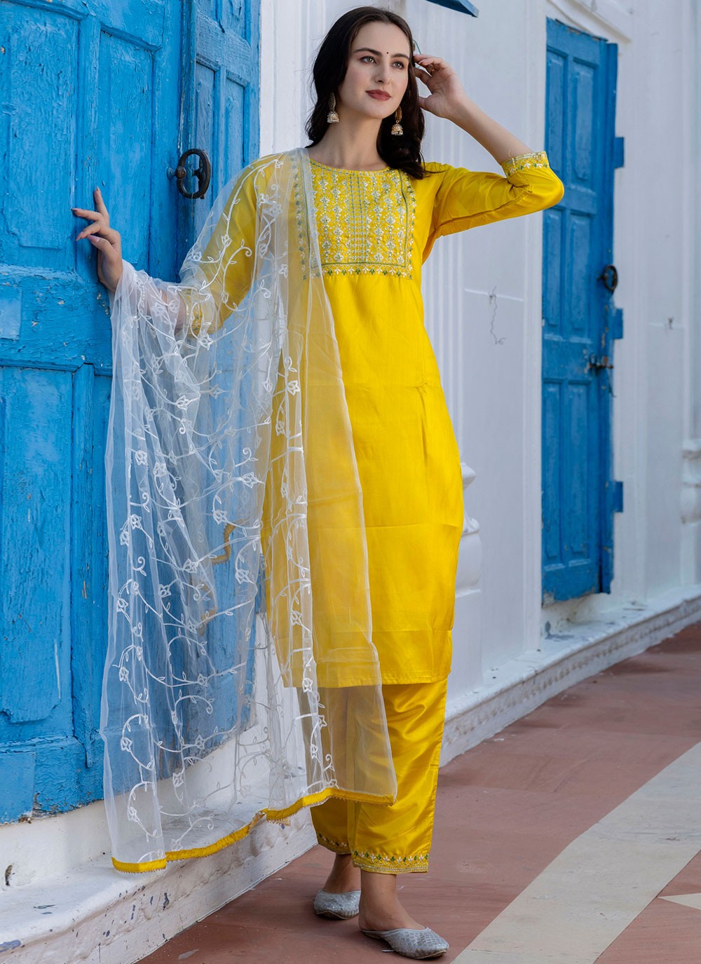 Pant Style Suit Embroidered Yellow T7129