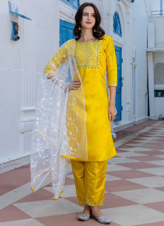 Pant Style Suit Embroidered Yellow T7129