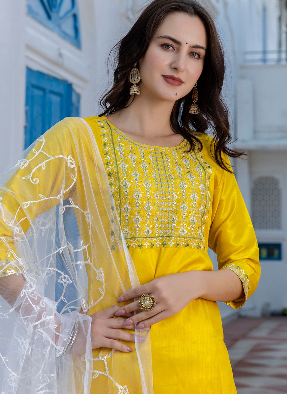 Pant Style Suit Embroidered Yellow T7129