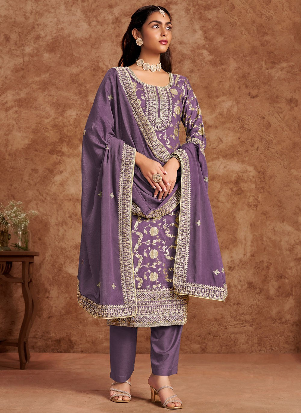 Salwar Suit Embroidered Purple Pure Dola T5186