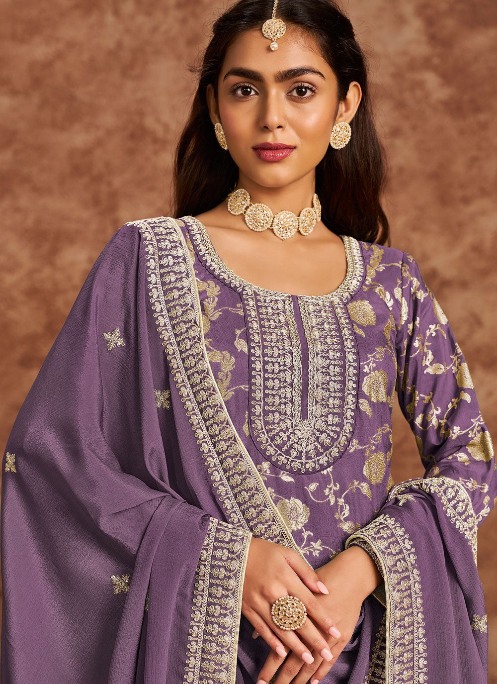 Salwar Suit Embroidered Purple Pure Dola T5186