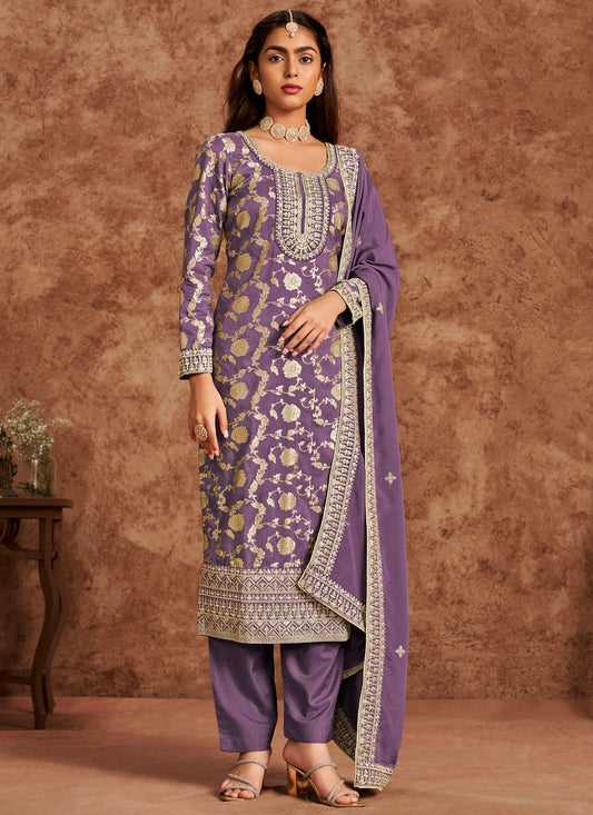 Salwar Suit Embroidered Purple Pure Dola T5186