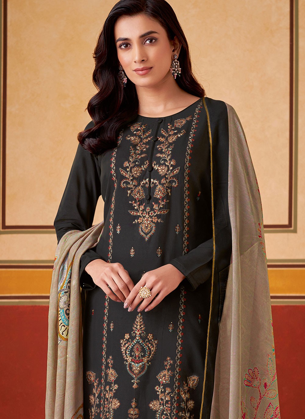 Embroidered Muslin Black Pant Style Suit T6310