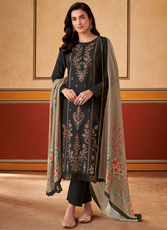 Embroidered Muslin Black Pant Style Suit T6310