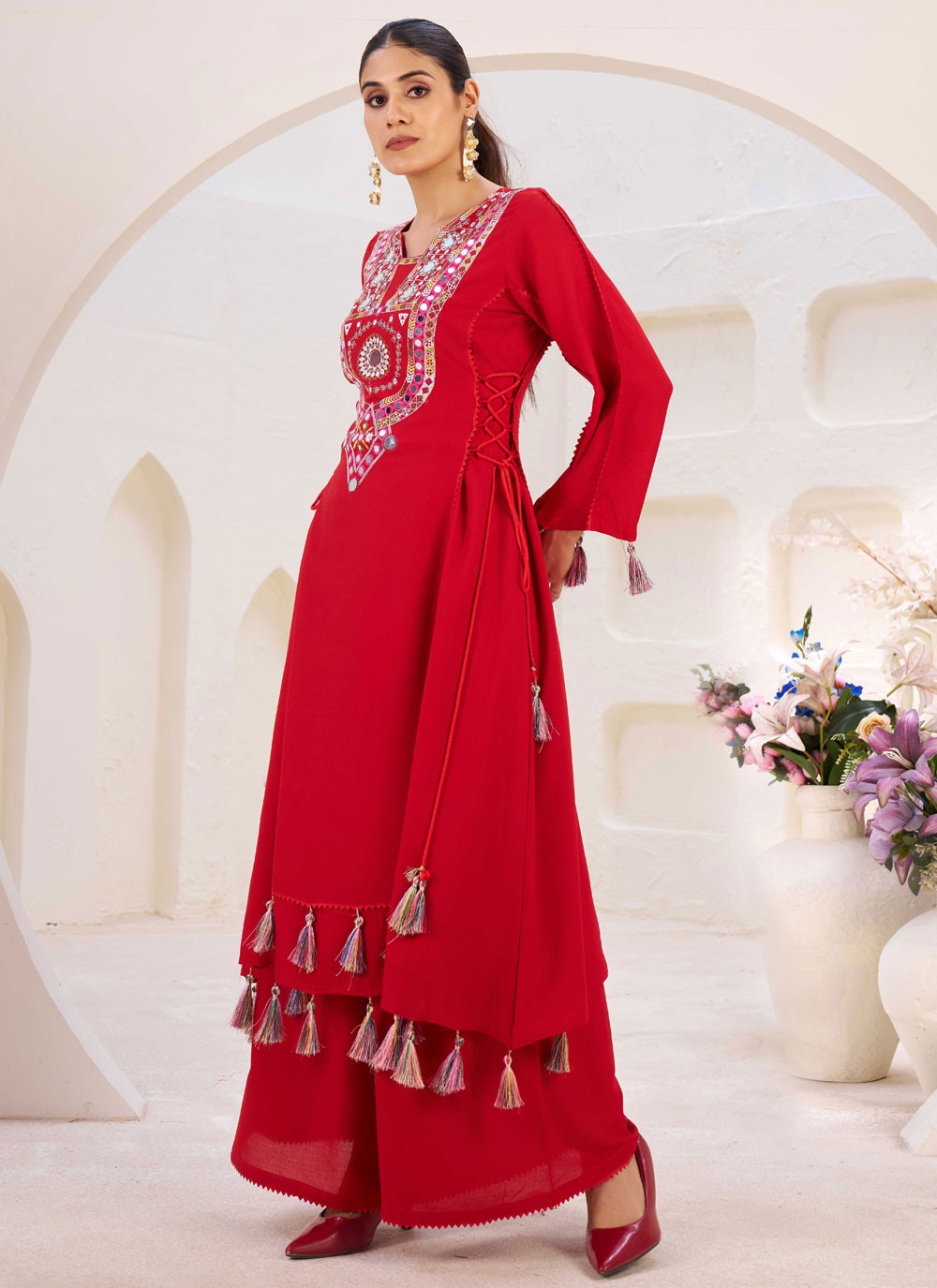 Palazzo Suit Embroidered, Mirror, Thread Red T7744
