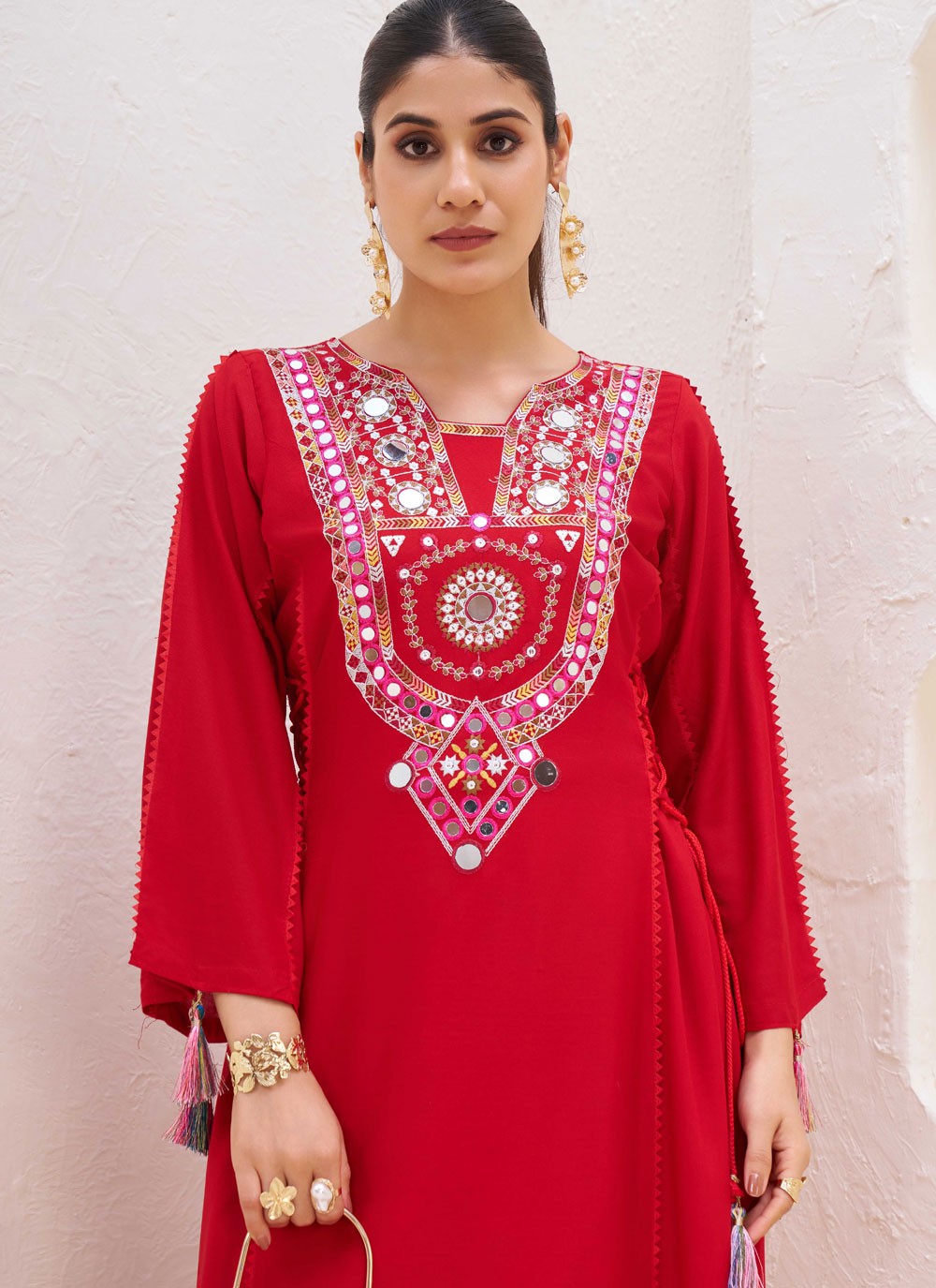 Palazzo Suit Embroidered, Mirror, Thread Red T7744