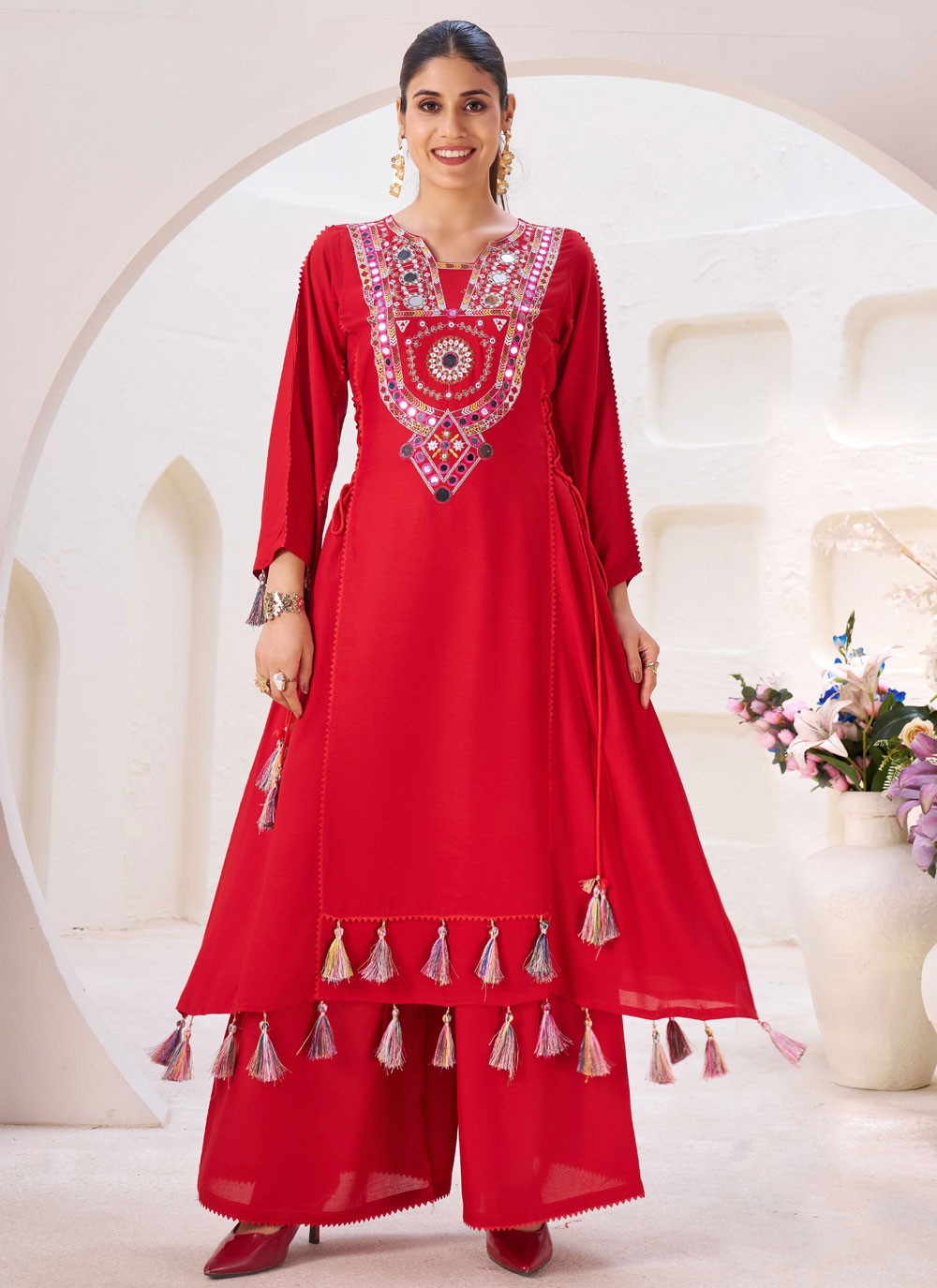 Palazzo Suit Embroidered, Mirror, Thread Red T7744