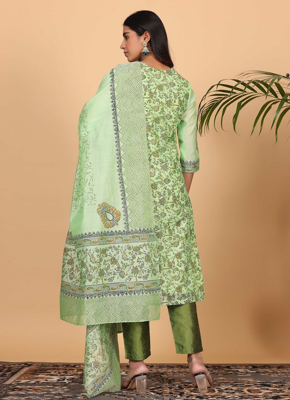 Printed Chanderi Green Salwar Suit T5941