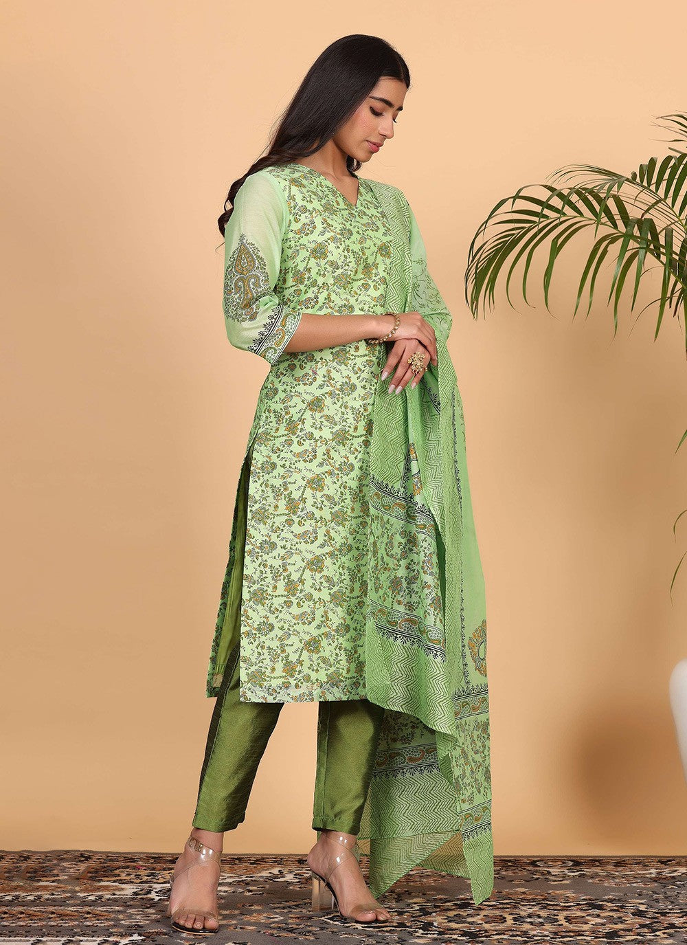 Printed Chanderi Green Salwar Suit T5941