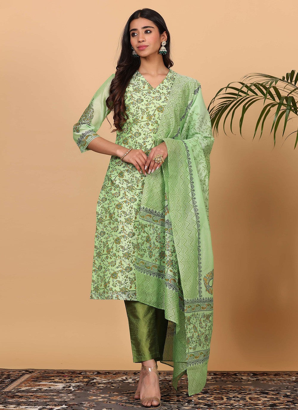 Printed Chanderi Green Salwar Suit T5941
