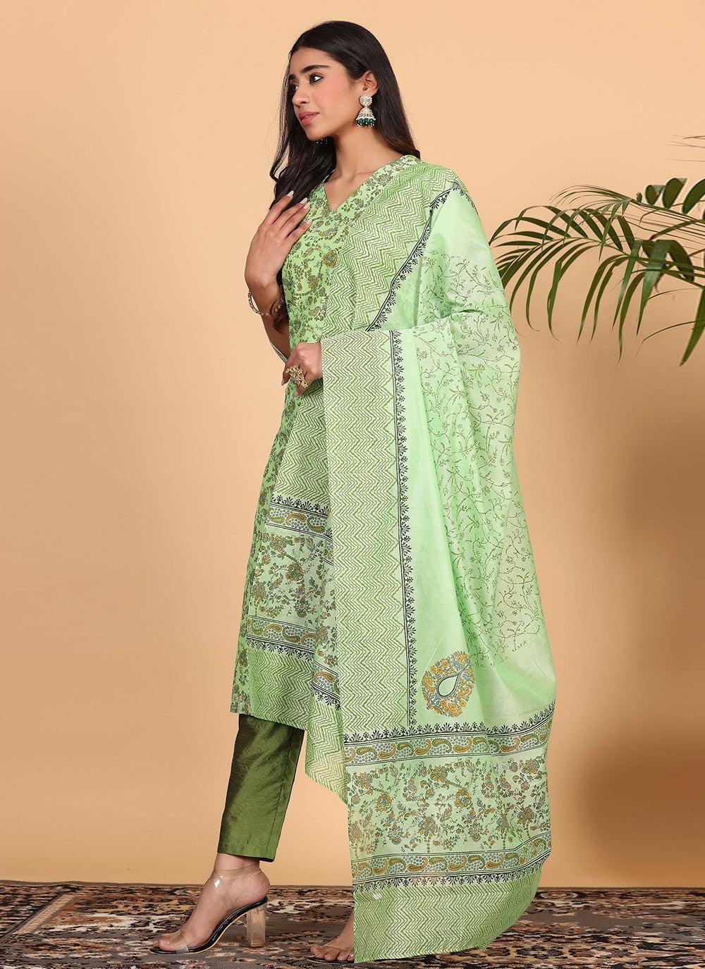 Printed Chanderi Green Salwar Suit T5941