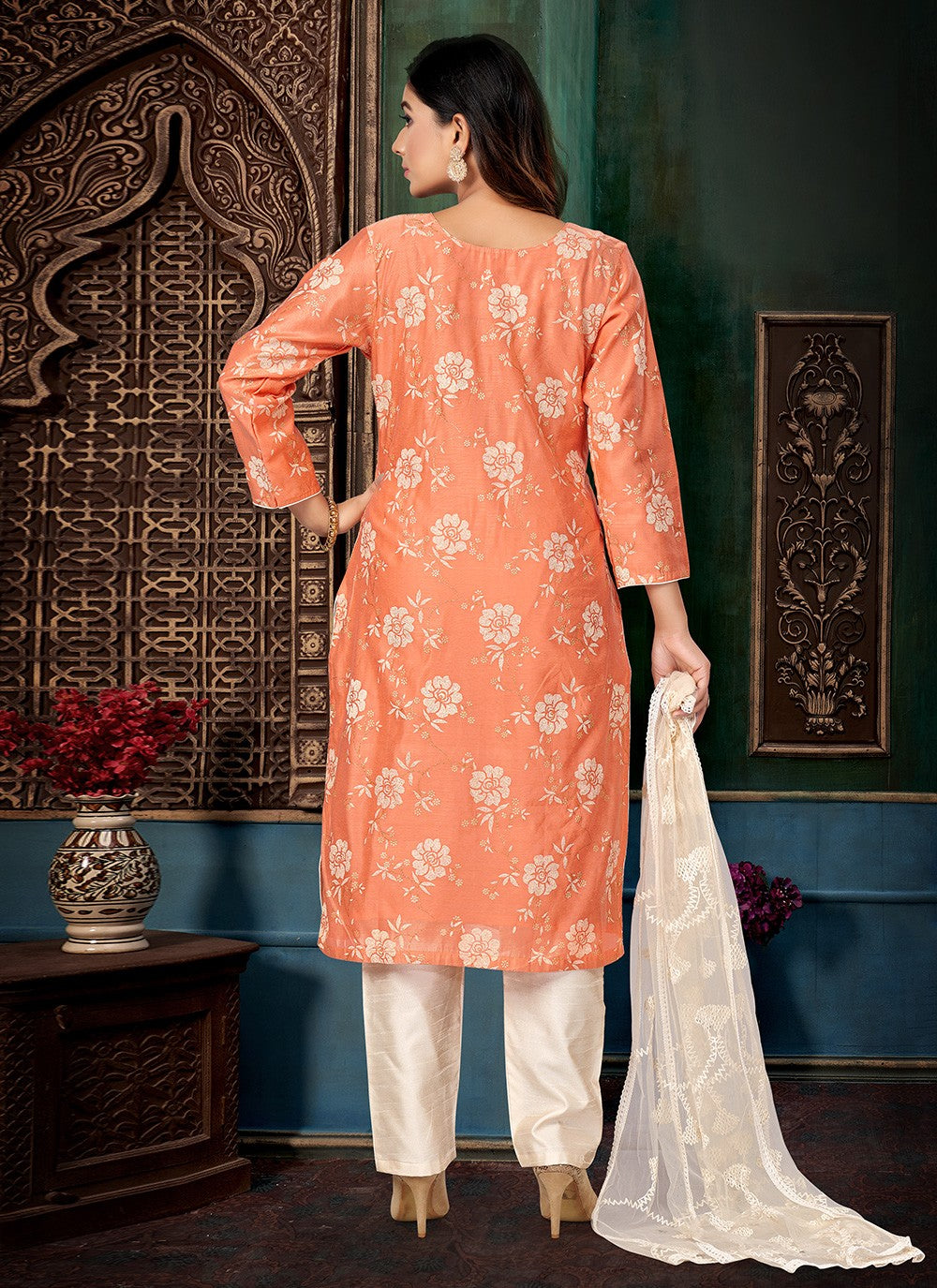 Pant Style Suit Printed Peach T8004