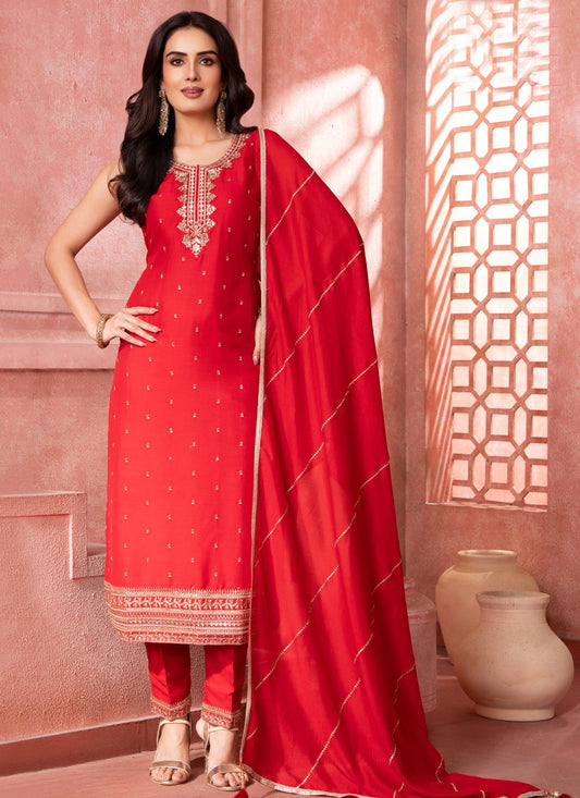 Pant Style Suit Embroidered, Sequins, Zari Red T8095