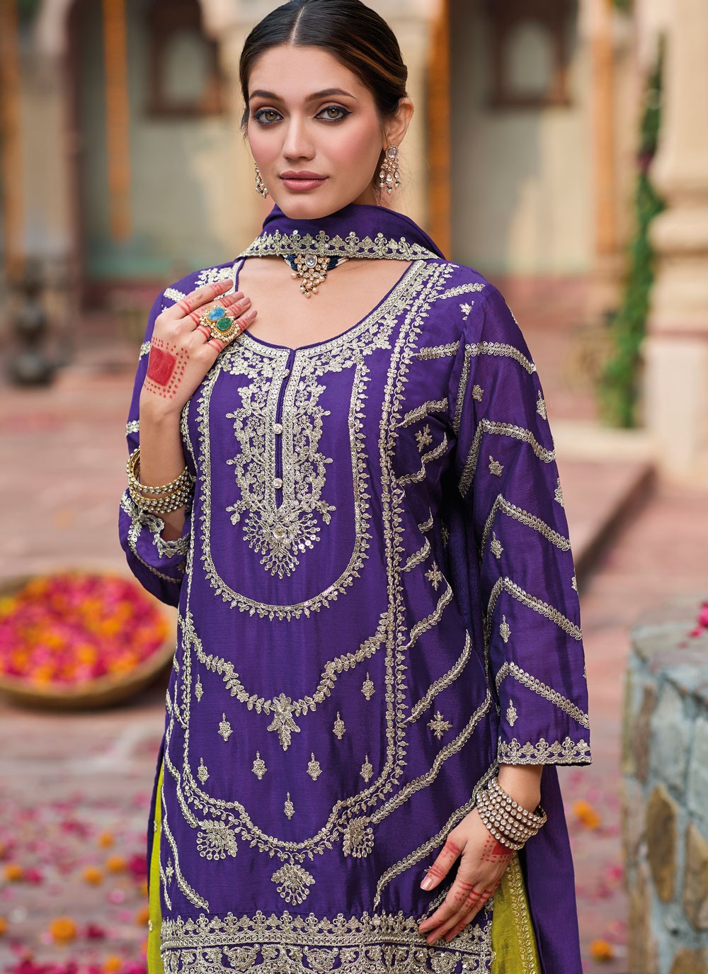 Salwar Suit Embroidered Navy Blue Chinon T5415