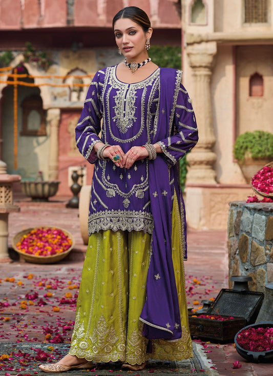 Salwar Suit Embroidered Navy Blue Chinon T5415