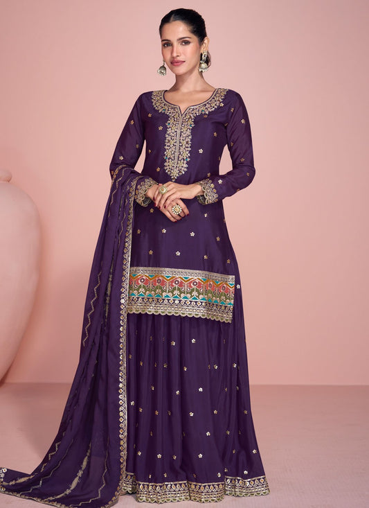 Sharara Suit Embroidered, Sequins, Zari Purple T7459