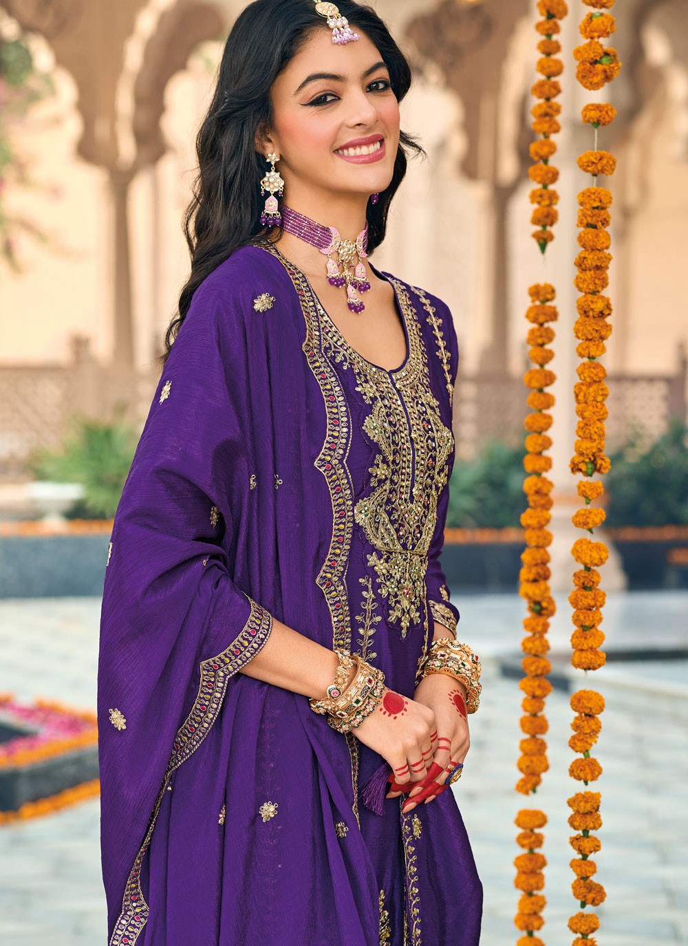 Pant Style Suit Embroidered, Sequins, Zari Violet T7706